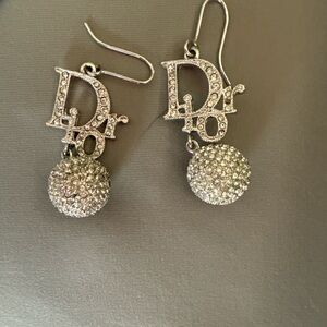 Dior Silver Crystal Logo Drop Earrings